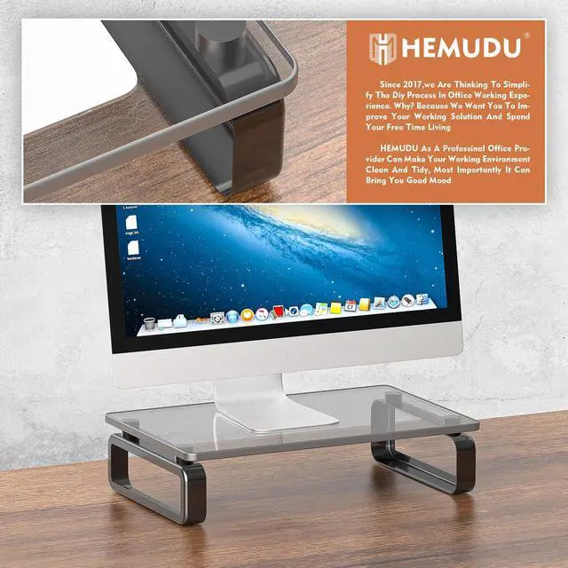 Alt view image 2 of 7 - Computer Monitor Stand Riser Multi Media Desktop Stand for Flat Screen LCD LED TV, Laptop/Notebook, with Tempered Glass and Metal Legs, Black HD02B-001U