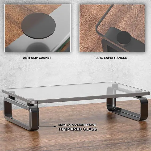 Alt view image 3 of 7 - Computer Monitor Stand Riser Multi Media Desktop Stand for Flat Screen LCD LED TV, Laptop/Notebook, with Tempered Glass and Metal Legs, Black HD02B-001U