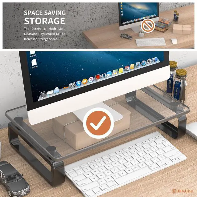 Alt view image 4 of 7 - Computer Monitor Stand Riser Multi Media Desktop Stand for Flat Screen LCD LED TV, Laptop/Notebook, with Tempered Glass and Metal Legs, Black HD02B-001U