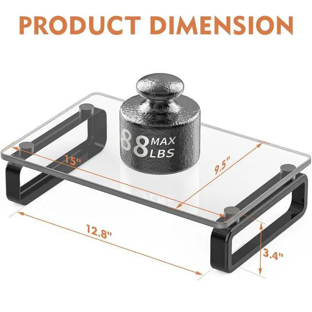 Alt view image 6 of 7 - Computer Monitor Stand Riser Multi Media Desktop Stand for Flat Screen LCD LED TV, Laptop/Notebook, with Tempered Glass and Metal Legs, Black HD02B-001U