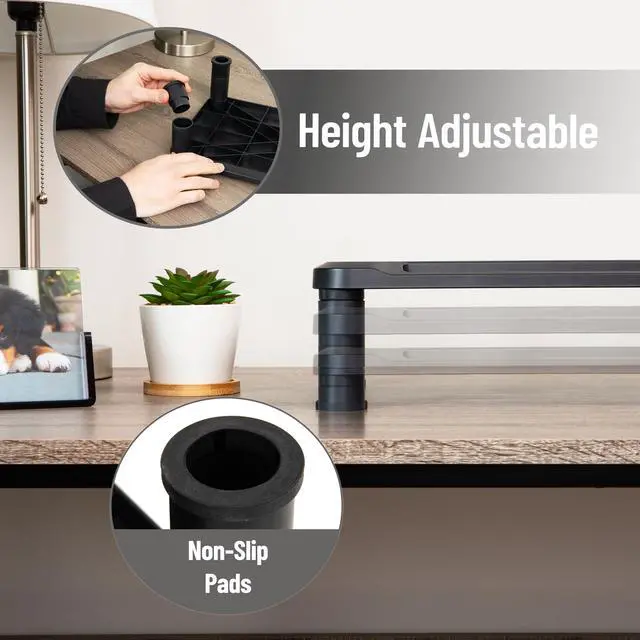 Alt view image 5 of 7 - Monitor Stand, Height Adjustable, Laptop, Computer, Riser, Office, Set of 2, Black