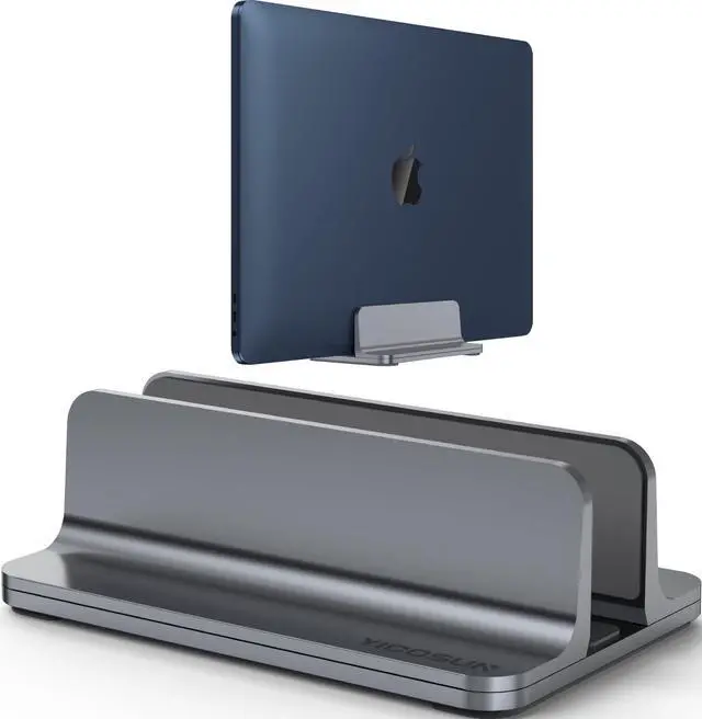 Main image of Aluminum Vertical Laptop Stand for Desk - Adjustable Width Dock for MacBook, Surface, Samsung, HP, Dell up to 17.3 inches - Space-Saving & Protective Design - Gray