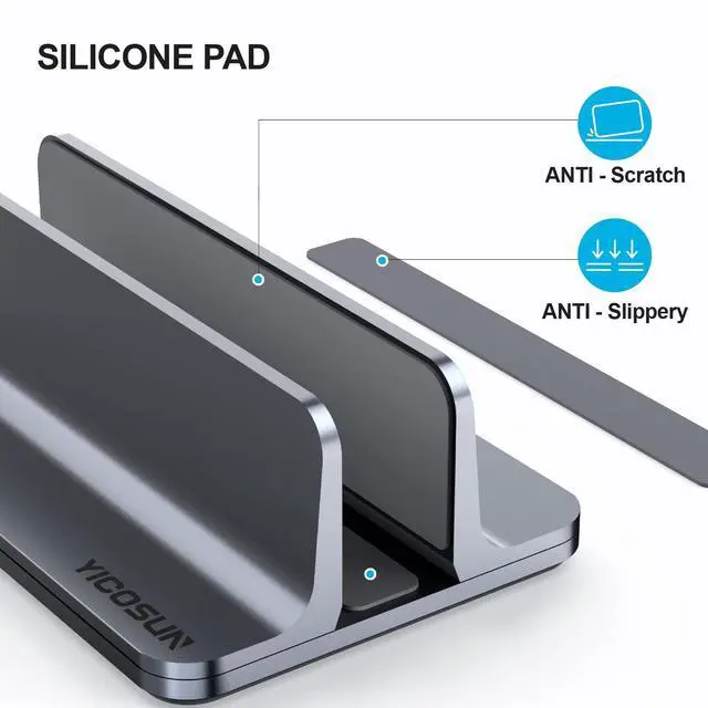 Alt view image 3 of 7 - Aluminum Vertical Laptop Stand for Desk - Adjustable Width Dock for MacBook, Surface, Samsung, HP, Dell up to 17.3 inches - Space-Saving & Protective Design - Gray