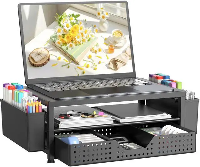 Main image of Desk Organizer and Accessories, 2-Tier Computer Monitor Stand Riser with Drawer and 2 Pen Holders, Laptop Stand, Office Desk Accessories for Office Supplies, 1 Pack, Black-Ventilated