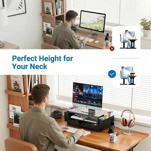 Alt view image 3 of 7 - Desk Organizer and Accessories, 2-Tier Computer Monitor Stand Riser with Drawer and 2 Pen Holders, Laptop Stand, Office Desk Accessories for Office Supplies, 1 Pack, Black-Ventilated