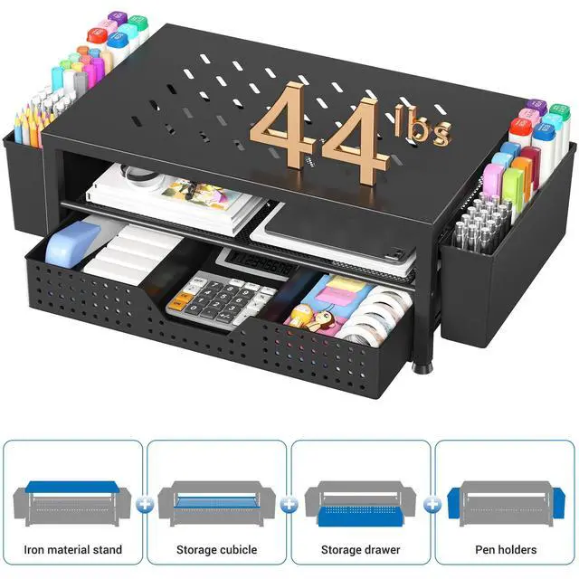 Alt view image 5 of 7 - Desk Organizer and Accessories, 2-Tier Computer Monitor Stand Riser with Drawer and 2 Pen Holders, Laptop Stand, Office Desk Accessories for Office Supplies, 1 Pack, Black-Ventilated