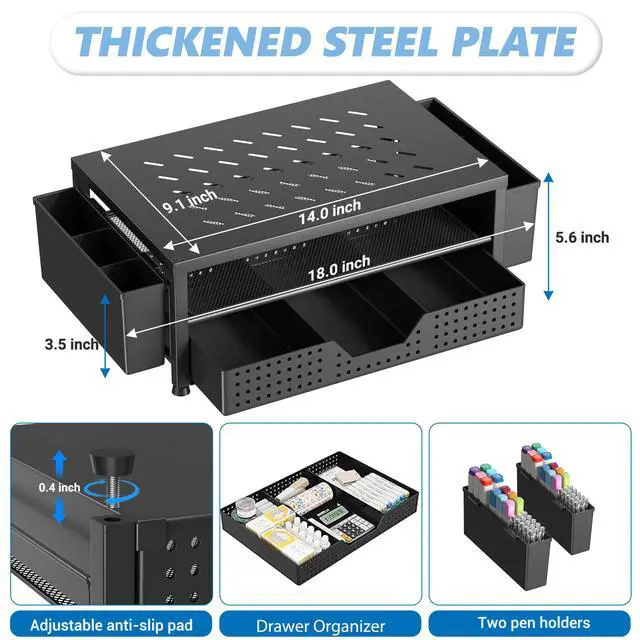 Alt view image 7 of 7 - Desk Organizer and Accessories, 2-Tier Computer Monitor Stand Riser with Drawer and 2 Pen Holders, Laptop Stand, Office Desk Accessories for Office Supplies, 1 Pack, Black-Ventilated