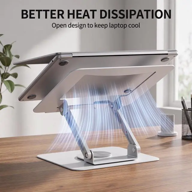 Alt view image 5 of 7 - 360 Rotating Laptop Stand, Ergonomic Computer Riser for Desk, Adjustable Height Multi-Angle Metal Holder, Foldable Portable Notebook Elevating Base for Office & Home, White