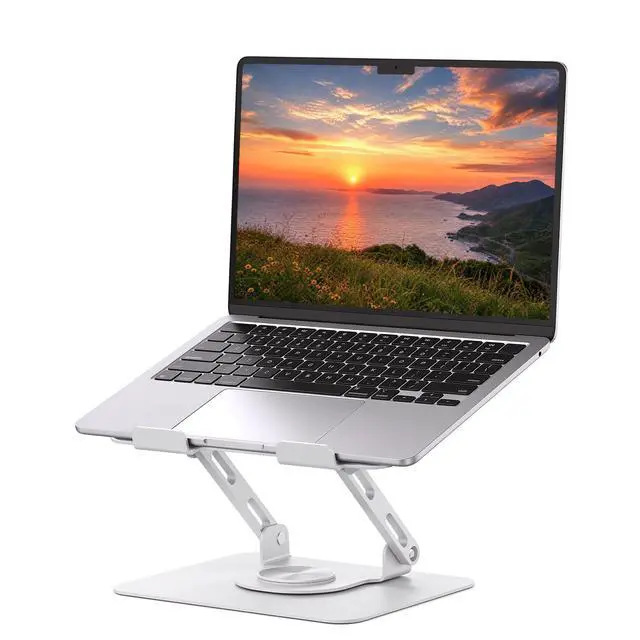 Main image of 360 Rotating Laptop Stand, Ergonomic Computer Riser for Desk, Adjustable Height Multi-Angle Metal Holder, Foldable Portable Notebook Elevating Base for Office & Home, White