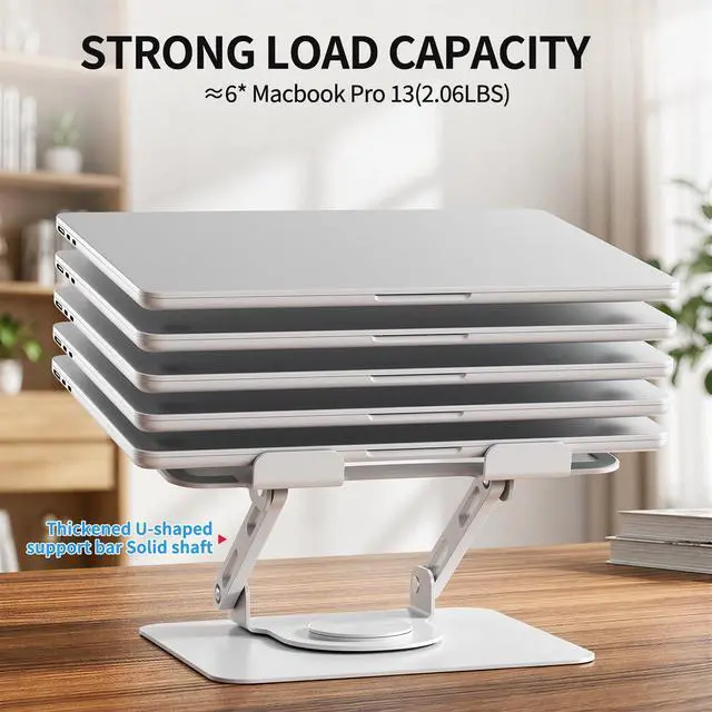 Alt view image 4 of 7 - 360 Rotating Laptop Stand, Ergonomic Computer Riser for Desk, Adjustable Height Multi-Angle Metal Holder, Foldable Portable Notebook Elevating Base for Office & Home, White
