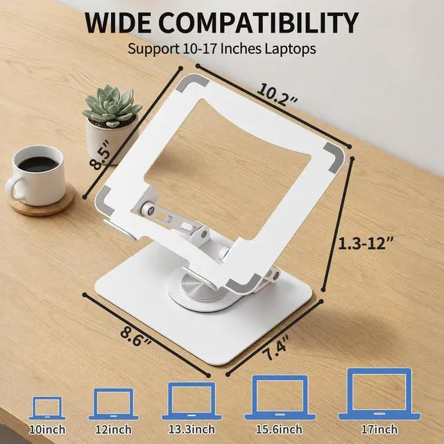Alt view image 6 of 7 - 360 Rotating Laptop Stand, Ergonomic Computer Riser for Desk, Adjustable Height Multi-Angle Metal Holder, Foldable Portable Notebook Elevating Base for Office & Home, White