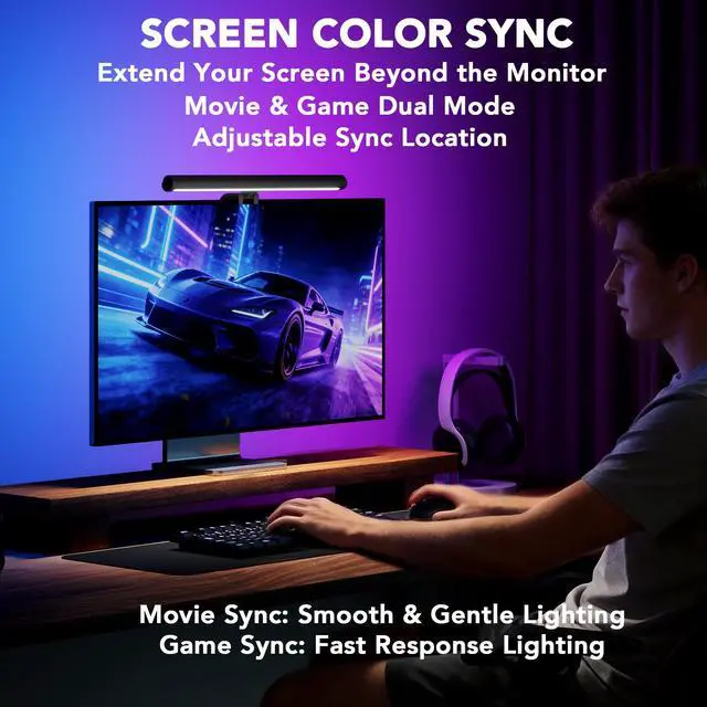 Alt view image 5 of 7 - Smart Monitor Light Bar with RGB Backlight, Software-Controlled Display Color & Music Sync, LED Desk LampMonitor Light for Gaming/Work with 16M Colors & 18 Modes 16"