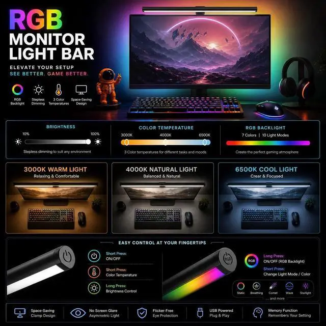 Alt view image 5 of 6 - RGB Monitor Light Bar Dual USB Reading Screen Lamp Touch Switch