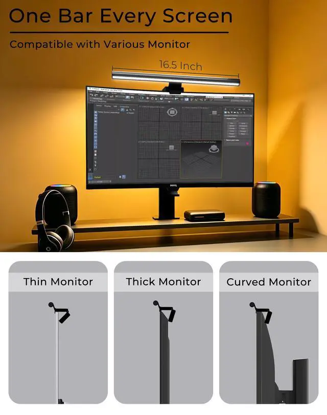 Alt view image 4 of 6 - 17.5" Monitor Light Bar for Flat & Curved Screens (0.3"-1.4"), Ultrawide Eye-Care Desk Lamp with Asymmetric No-Glare Light, Stepless Dimming, Premium Aluminum Screen Bar for Home Office