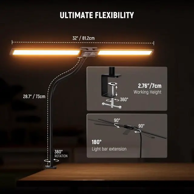 Alt view image 7 of 7 - Entry Level Version 32" LED Light with Clamp for Desk Home Office Dorm Designer Drafting, 20W Dual Computer Monitor Architect Lamp Bar, Flexible Overhead 2200lux/Remote/5 Modes CRI80+, N21