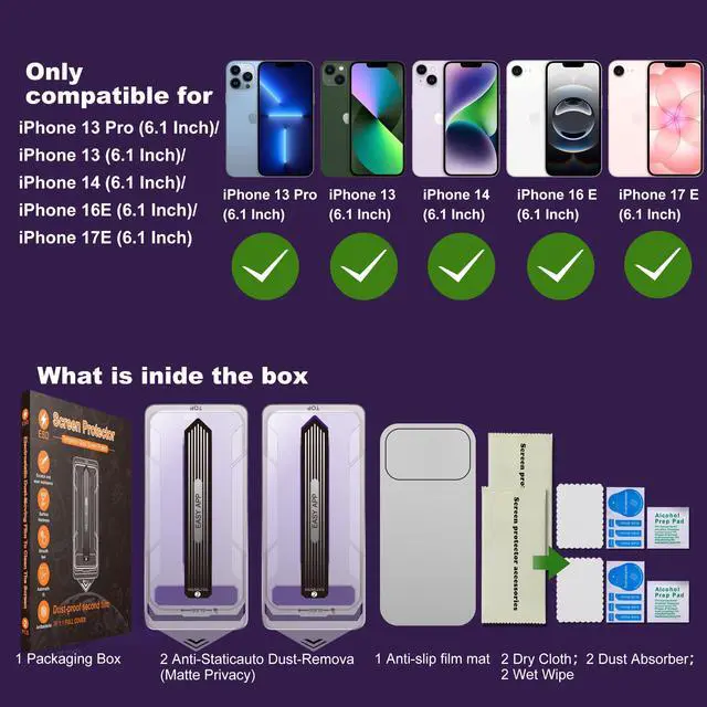 Alt view image 2 of 7 - [2-Pack Blue Light Blocking Matte Screen Protector for iPhone 17e/16e/14/13 Pro/13, Anti-Glare Tempered Glass with Dust-Free Installation Frame, Anti-Fingerprint, Oil Resistant, Bubble-Free