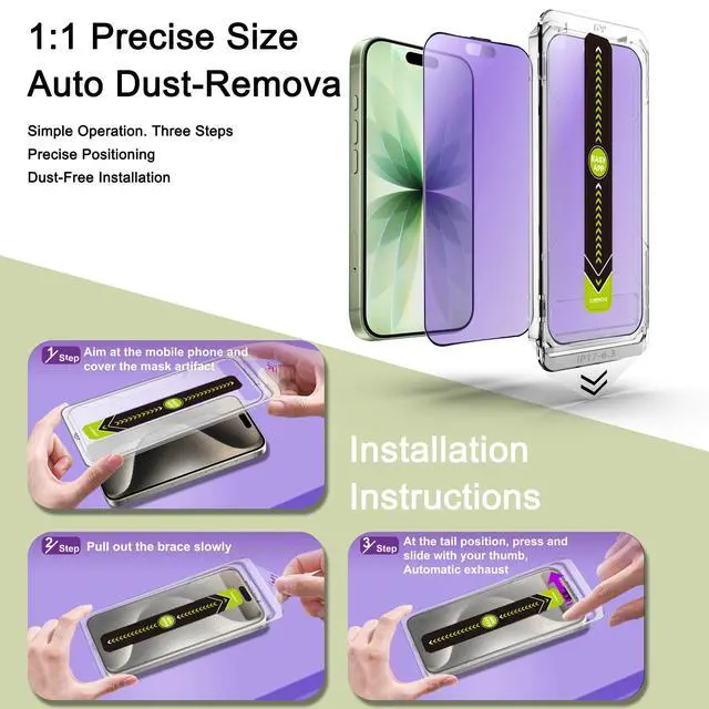 Alt view image 3 of 7 - 2-Pack Anti Blue Light Blocking Matte Screen Protector for iPhone 17/16 Pro (6.3-Inch),Anti-Glare,9H Tempered Glass,Full Coverage,Anti-Fingerprint,Auto Dust Removal,Bubble-Free