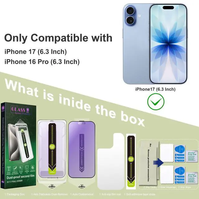 Alt view image 7 of 7 - 2-Pack Anti Blue Light Blocking Matte Screen Protector for iPhone 17/16 Pro (6.3-Inch),Anti-Glare,9H Tempered Glass,Full Coverage,Anti-Fingerprint,Auto Dust Removal,Bubble-Free