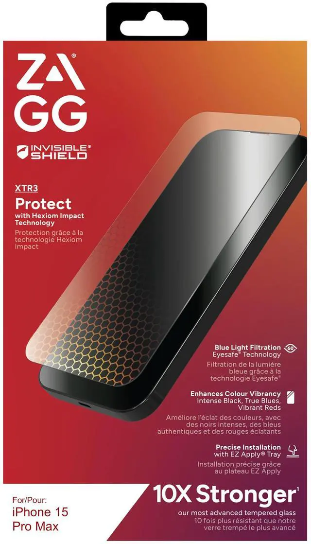 Main image of InvisibleShield Glass XTR3 iPhone 15 Pro Max Screen Protector - Blue-Light Filtration, 10X Stronger, Scratch & Smudge-Resistant Surface, Edge-to-Edge Protection, Install Tray Included