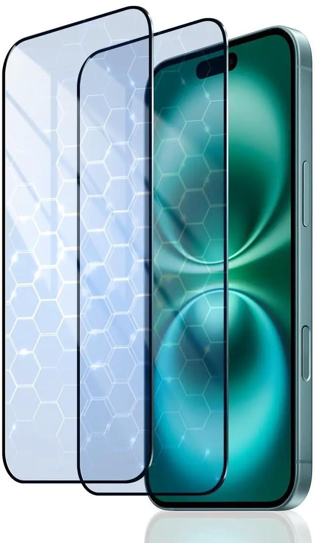 Main image of 2-Pack Anti-Blue Light Screen Protector for iPhone 16/15, Tempered Glass Film, Impact-Protection, HD, Anti-Shatter, Anti-Scratch, 9H Hardness, Case Friendly, Bubble Free