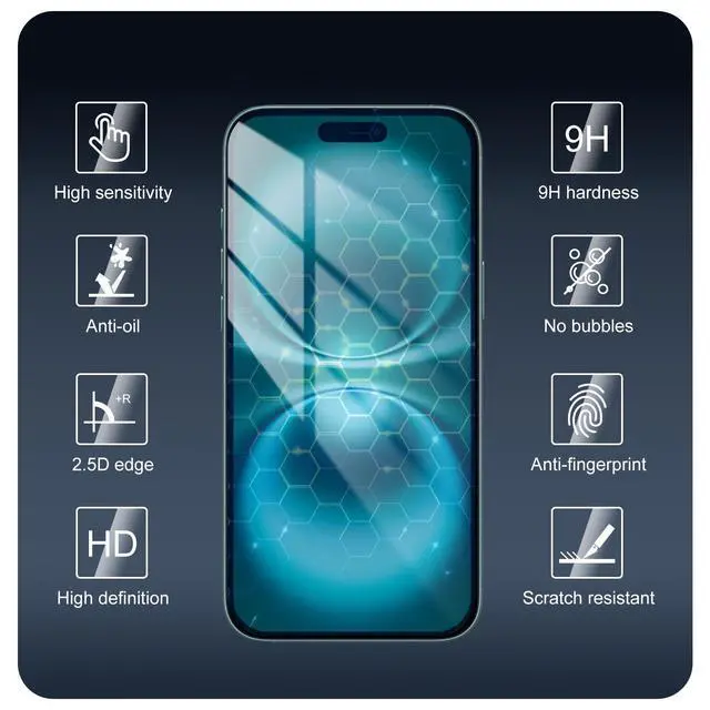 Alt view image 2 of 7 - 2-Pack Anti-Blue Light Screen Protector for iPhone 16/15, Tempered Glass Film, Impact-Protection, HD, Anti-Shatter, Anti-Scratch, 9H Hardness, Case Friendly, Bubble Free