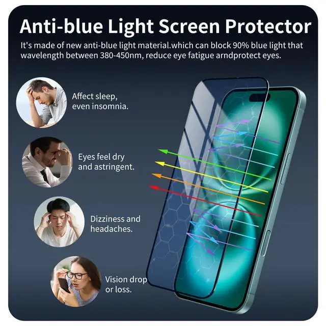 Alt view image 3 of 7 - 2-Pack Anti-Blue Light Screen Protector for iPhone 16/15, Tempered Glass Film, Impact-Protection, HD, Anti-Shatter, Anti-Scratch, 9H Hardness, Case Friendly, Bubble Free