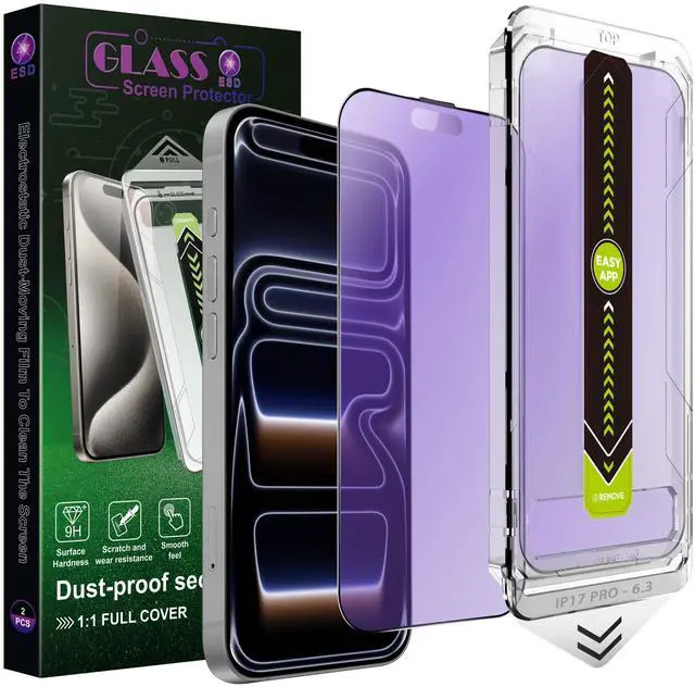 Main image of 2-Pack Anti Blue Light Blocking Matte Screen Protector for iPhone 17 Pro (6.3-Inch),Anti-Glare,9H Tempered Glass,Full Coverage,Anti-Fingerprint,Auto Dust Removal,Bubble-Free