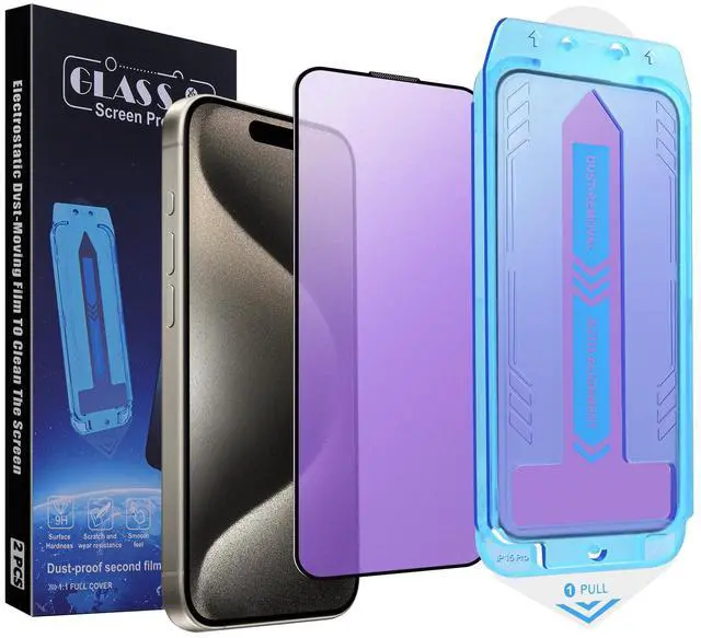 Main image of 2-Pack Anti Blue Light Matte Screen Protector for iPhone 15 Pro 6.1-inch 9H Tempered Glass, Full Coverage, Anti-Fingerprint, Auto Dust-Elimination, No Bubble, Easy Installation