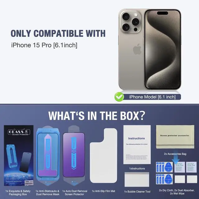 Alt view image 6 of 6 - 2-Pack Anti Blue Light Matte Screen Protector for iPhone 15 Pro 6.1-inch 9H Tempered Glass, Full Coverage, Anti-Fingerprint, Auto Dust-Elimination, No Bubble, Easy Installation