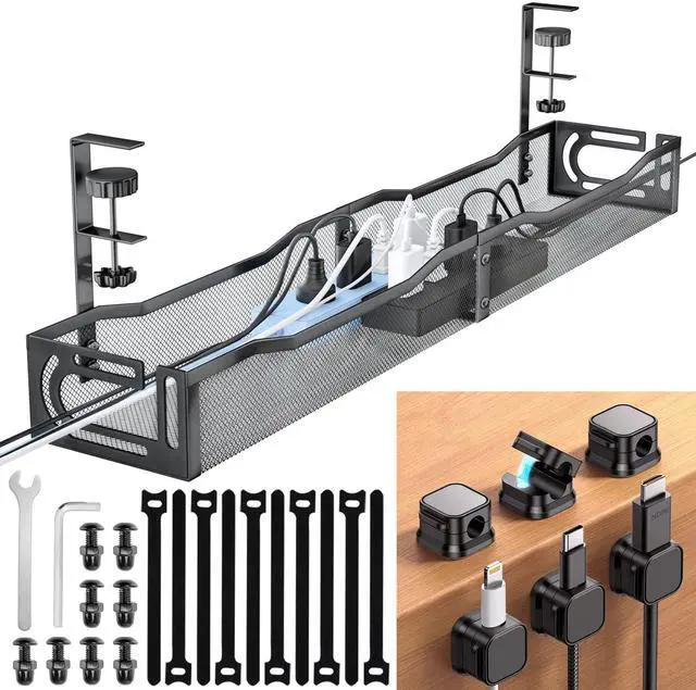 Main image of Cable Management Under Desk, 25.3'' No Drill Desk Cable Management Tray with Clamp, Metal Cord Organizer for Standing Desk, Computer Wire Management for Home Office & Gaming Setup, Black