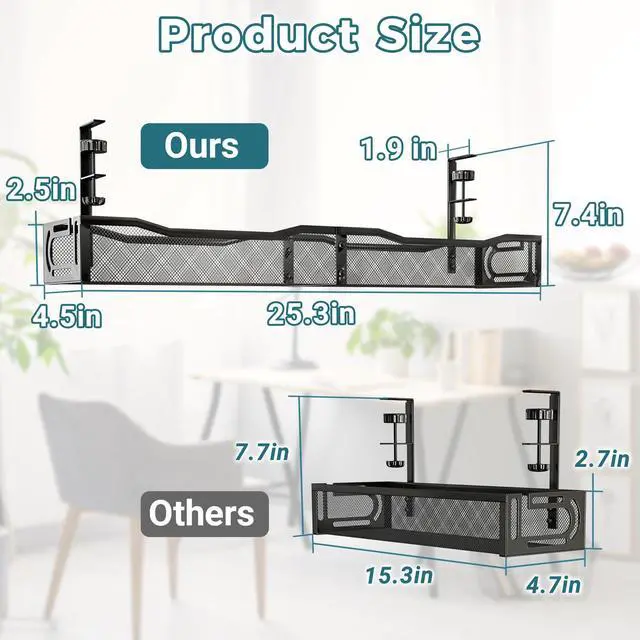 Alt view image 2 of 7 - Cable Management Under Desk, 25.3'' No Drill Desk Cable Management Tray with Clamp, Metal Cord Organizer for Standing Desk, Computer Wire Management for Home Office & Gaming Setup, Black