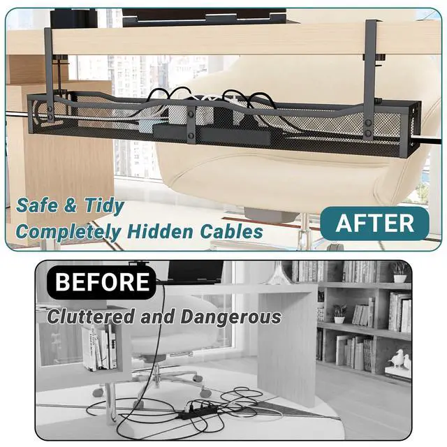 Alt view image 3 of 7 - Cable Management Under Desk, 25.3'' No Drill Desk Cable Management Tray with Clamp, Metal Cord Organizer for Standing Desk, Computer Wire Management for Home Office & Gaming Setup, Black