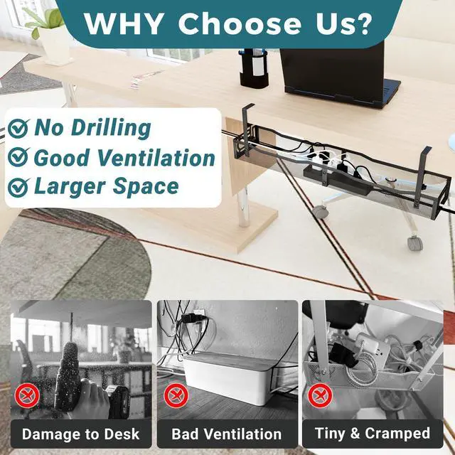 Alt view image 4 of 7 - Cable Management Under Desk, 25.3'' No Drill Desk Cable Management Tray with Clamp, Metal Cord Organizer for Standing Desk, Computer Wire Management for Home Office & Gaming Setup, Black