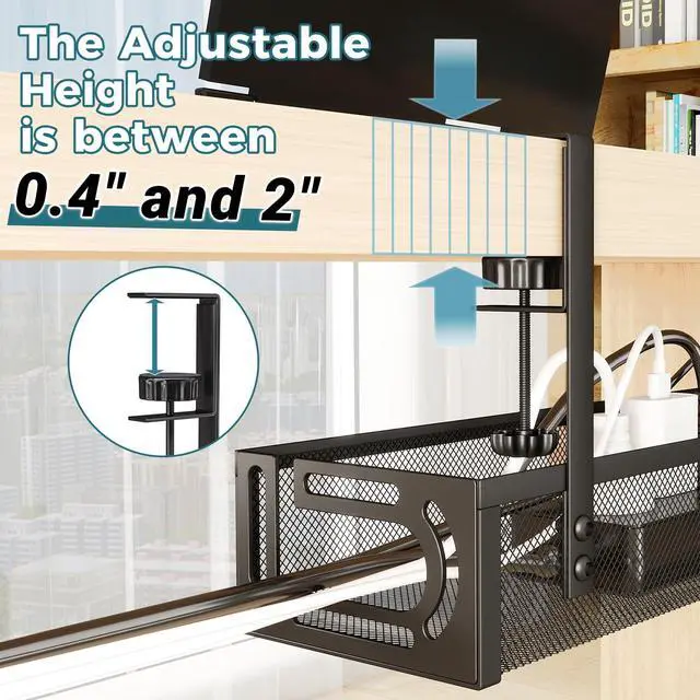 Alt view image 6 of 7 - Cable Management Under Desk, 25.3'' No Drill Desk Cable Management Tray with Clamp, Metal Cord Organizer for Standing Desk, Computer Wire Management for Home Office & Gaming Setup, Black