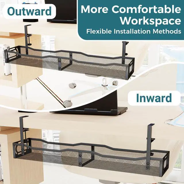 Alt view image 7 of 7 - Cable Management Under Desk, 25.3'' No Drill Desk Cable Management Tray with Clamp, Metal Cord Organizer for Standing Desk, Computer Wire Management for Home Office & Gaming Setup, Black