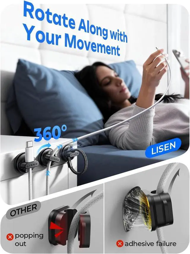 Alt view image 3 of 7 - 6-Pack 360°Rotating Cord Holder for Nightstand, Magnetic Clips