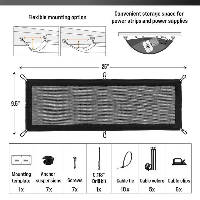 Alt view image 7 of 7 - Cable Management net - Under Desk Cable Management Tray - Cable net - Wire Management Under Desk - Cord Organizer