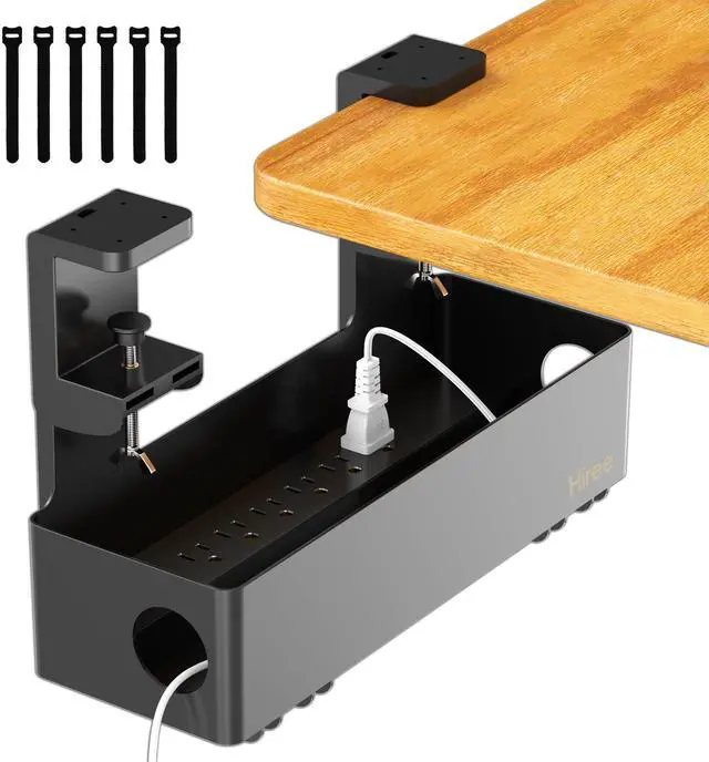 Main image of Under Desk Cable Management Tray with 6 AC Power Outlet and Clamp Mount, No Drill Cord Storage Organizers for Wire Management, Standing Desk, Computer Cord Rack for Office & Home (Black)