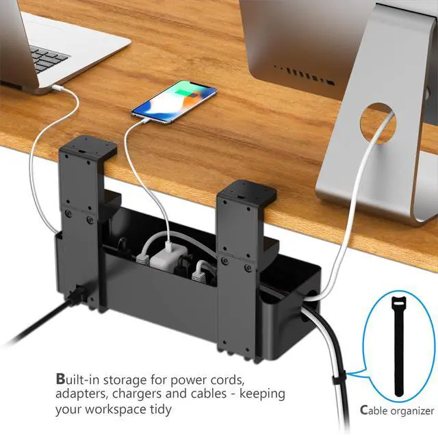 Alt view image 7 of 7 - Under Desk Cable Management Tray with 6 AC Power Outlet and Clamp Mount, No Drill Cord Storage Organizers for Wire Management, Standing Desk, Computer Cord Rack for Office & Home (Black)