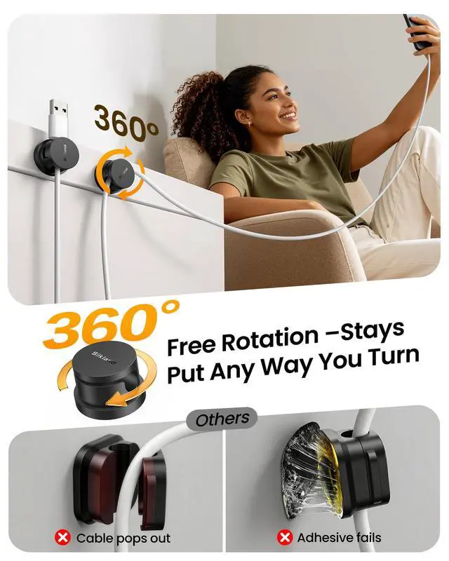 Alt view image 3 of 7 - 6 Pack Snap-Lock Cable Clips, 360° Rotatable Cord Holder for Desk