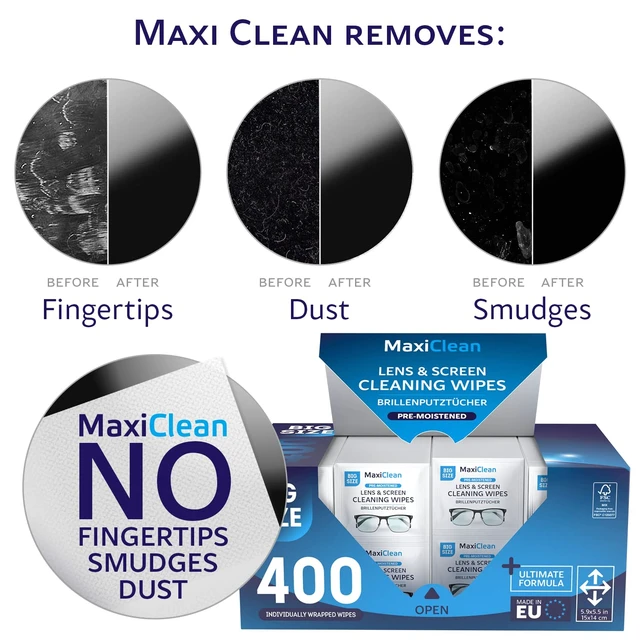 Alt view image 4 of 7 - Glasses Wipes Lens Cleaner - Lens Wipes for Eyeglasses - 400 Pre-moistened Individually Wrapped Wipes for Eye Glasses, Electronics, Phone, Computer, Laptop Screen - Camera Lens Cleaner - Made in EU