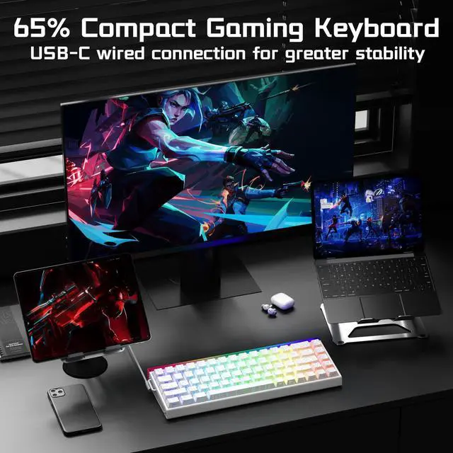 Alt view image 6 of 7 - Aula Hero 68 HE Wired Gaming Keyboard, Hall Effect Keyboard with Magnetic Switch, Rapid Trigger Mode, 8KHz Polling Rate, PBT Keycaps, RGB Lightbox&Backlit, 65% White Small Keyboards for Gamer/PC