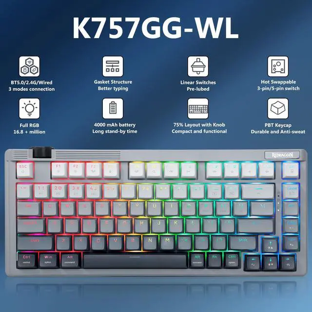 Alt view image 2 of 7 - Wireless Mechanical Keyboard Creamy, Bluetooth/2.4GHz/USB-C Wired, 75% Hot Swappable Custom Gaming Keyboard with Knob, RGB Backlit, Pre-lubed Linear Switches, PBT Keycaps, Gray