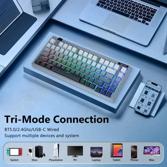 Alt view image 3 of 7 - Wireless Mechanical Keyboard Creamy, Bluetooth/2.4GHz/USB-C Wired, 75% Hot Swappable Custom Gaming Keyboard with Knob, RGB Backlit, Pre-lubed Linear Switches, PBT Keycaps, Gray