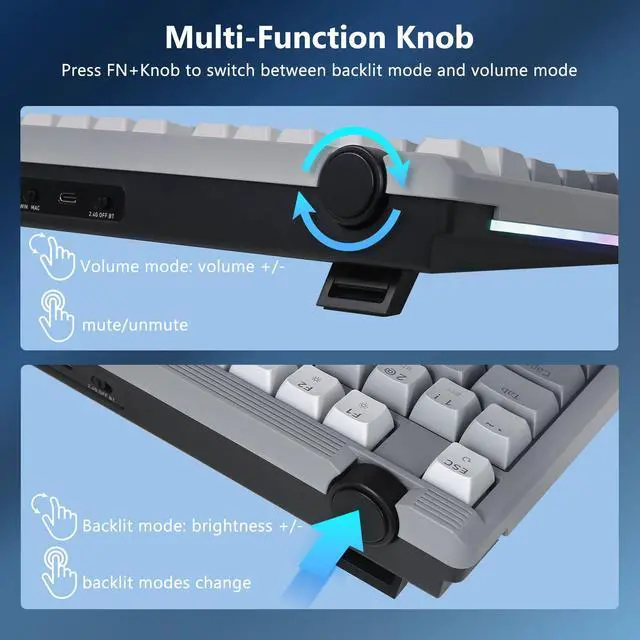 Alt view image 7 of 7 - Wireless Mechanical Keyboard Creamy, Bluetooth/2.4GHz/USB-C Wired, 75% Hot Swappable Custom Gaming Keyboard with Knob, RGB Backlit, Pre-lubed Linear Switches, PBT Keycaps, Gray