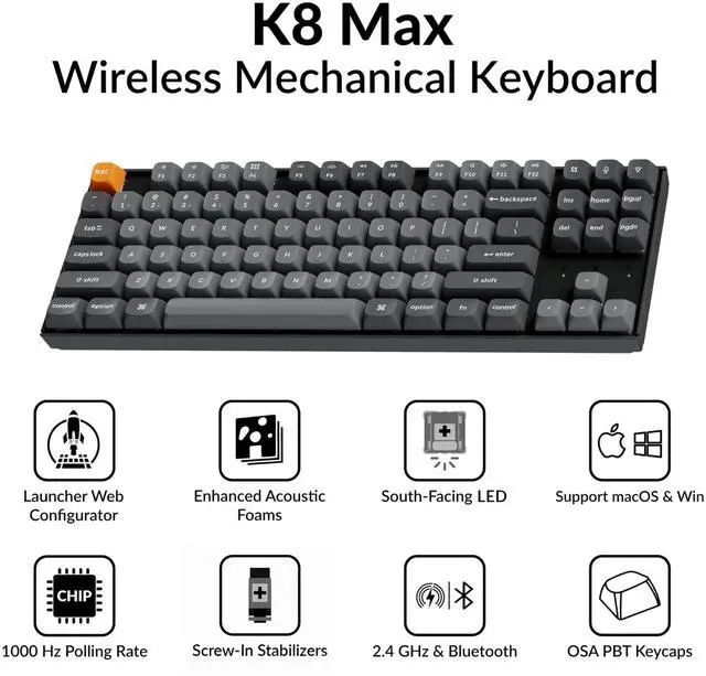 Alt view image 2 of 7 - K8 Max TKL Mechanical Keyboard Wireless, 87 Keys QMK 2.4 GHz/Bluetooth 5.1/Wired Connection, White Backlit with Programmable Keychron Super Red Switch for macOS Windows Linux