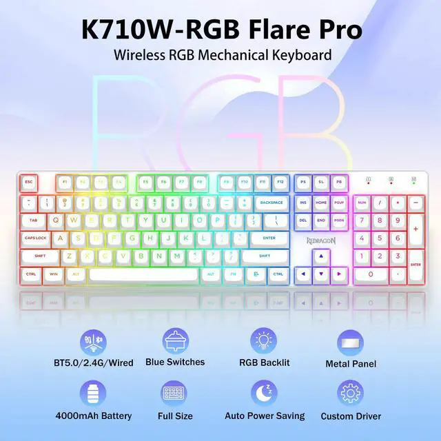 Alt view image 2 of 7 - K710 Wireless Mechanical Gaming Keyboard, Bluetooth/2.4G/Wired Tri-Mode, RGB Backlit, Clicky Blue Switch, Rechargeable Battery, Solid Metal Panel, PBT Keycaps for PC/Mac, White