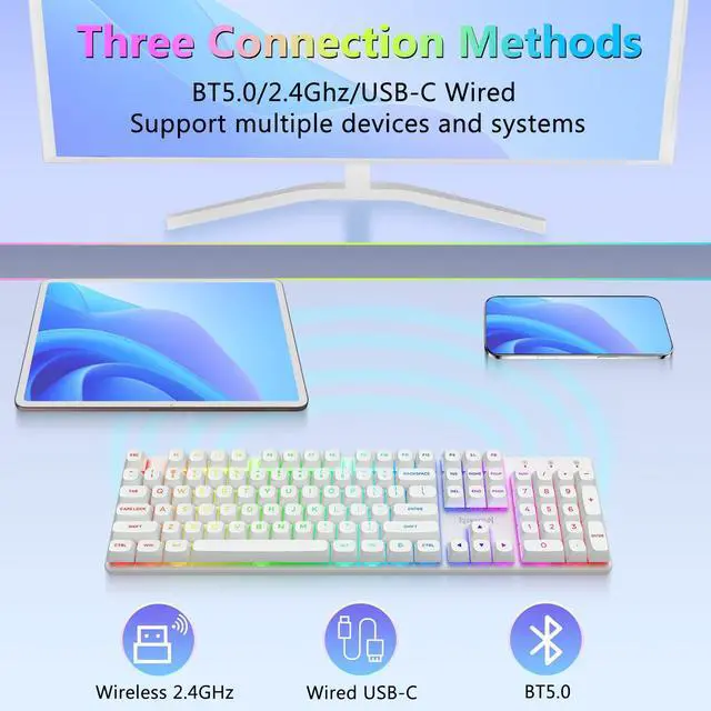 Alt view image 3 of 7 - K710 Wireless Mechanical Gaming Keyboard, Bluetooth/2.4G/Wired Tri-Mode, RGB Backlit, Linear Red Switch, Rechargeable Battery, Solid Metal Panel, PBT Keycaps for PC/Mac, White