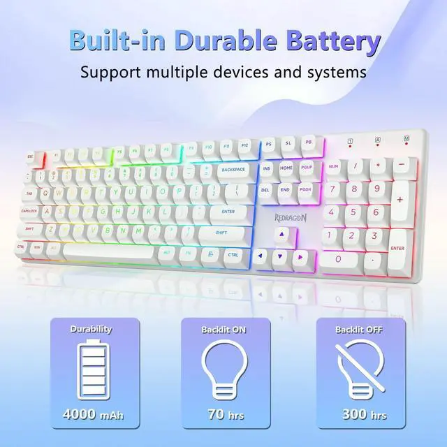 Alt view image 6 of 7 - K710 Wireless Mechanical Gaming Keyboard, Bluetooth/2.4G/Wired Tri-Mode, RGB Backlit, Linear Red Switch, Rechargeable Battery, Solid Metal Panel, PBT Keycaps for PC/Mac, White