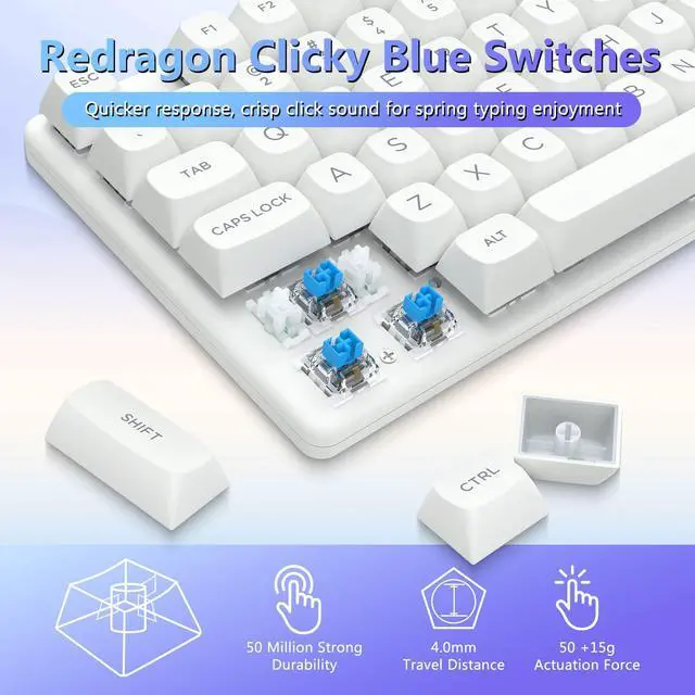 Alt view image 7 of 7 - K710 Wireless Mechanical Gaming Keyboard, Bluetooth/2.4G/Wired Tri-Mode, RGB Backlit, Clicky Blue Switch, Rechargeable Battery, Solid Metal Panel, PBT Keycaps for PC/Mac, White